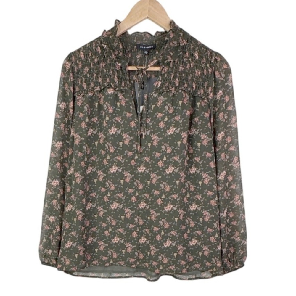 PLEIONE Women's Olive Green Floral Print‎ Smocked Mock Neck Long Sleeve Blouse S